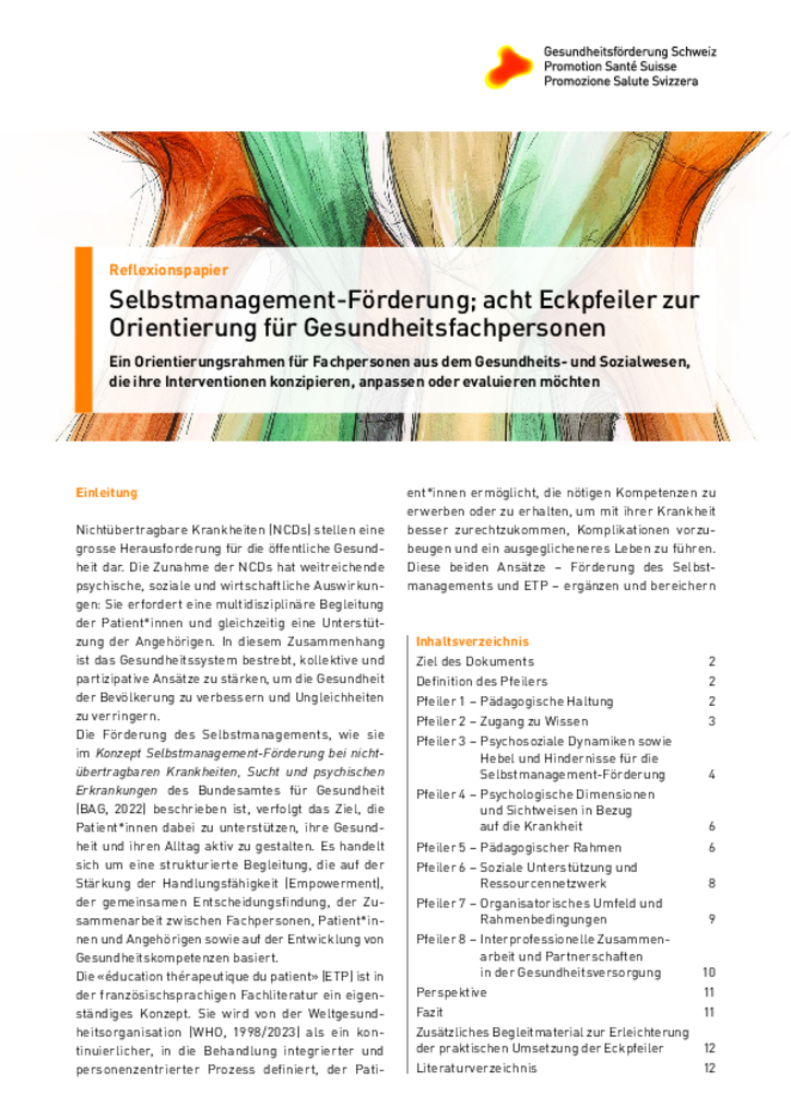 Selbstmanagement-Förderung; acht Eckpfeiler zur Orientierung für Gesundheitsfachpersonen